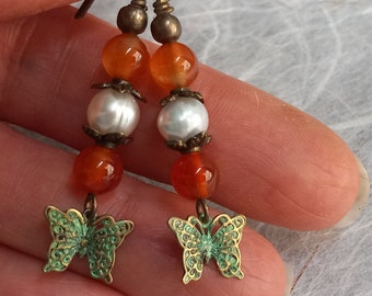 Carnelian Butterfly Earrings: Patina Brass, Pearl Gemstone Dangle