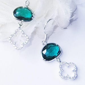 Four Leaf Clover Emerald Green Bezel Damgle Earrings Ireland Irish Gifts Celtic Handmade Jewelry