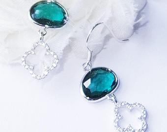 Four Leaf Clover Emerald Green Bezel Damgle Earrings Ireland Irish Gifts Celtic Handmade Jewelry