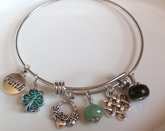 Adjustable Irish Bangle Bracelet: Shamrock, Claddagh, Celtic Knot Charms, Green Gemstones