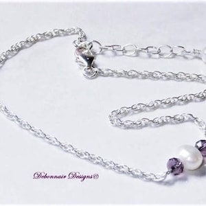 Pearl and Amethyst Bridal Anklet, Sterling Silver Chain Anklet, Minimalist Purple Anklet, Genuine Pearl Ankle Bracelet, Gift for Women