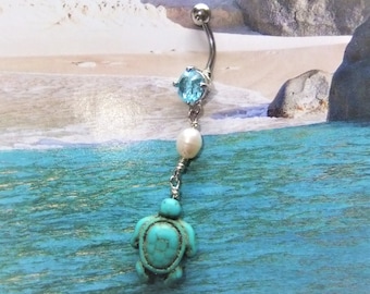Turquoise Turtle Belly Button Navel Ring Stainless Steel, Beach Jewelry