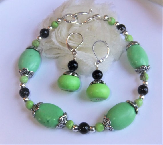 Green Turquoise Bracelet and Earring Set: Sterling Silver Boho Jewelry