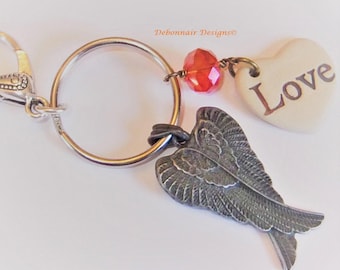 Angel Wings Keychain: Orange Crystal, Love Heart Charm, Beaded Key Ring