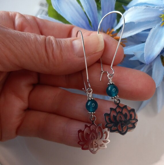 Long Blue Ink Apatite Earrings on Stainless Steel Kidney Ear Wires, 2.75 inches long