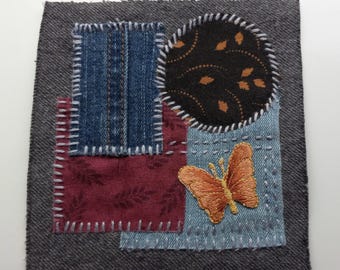 Handmade Denim Butterfly Patch, Sashiko Embroidery, Boro Patchwork