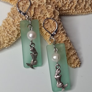 Sea Glass Mermaid Earrings w White Pearls, Beach Jewelry in 9 Color Choices