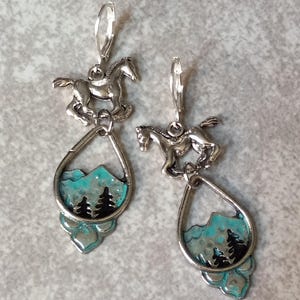 Horse Earrings patina mountain teardrop lever backs equestrian horse gift cowgirl earrings
