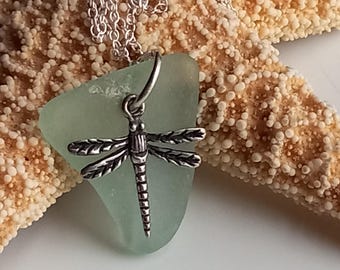 Sea Glass Dragonfly Necklace, Sterling Silver, Beach Glass Jewelry