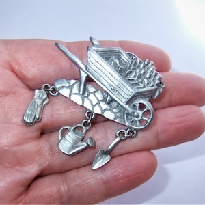 Pewter Wheelbarrow Gardening Charm Brooch - Cart, Gloves, Watering Can, Trowel, Flowers, Gardening Gift