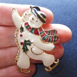 Vintage SFJ Enamel Skating Snowmen Brooch Snowman Pin