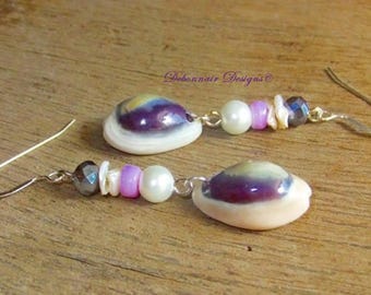 Purple cowrie shell earrings seashell earring beach jewelry shark mouth shells handmade coastal jewelry