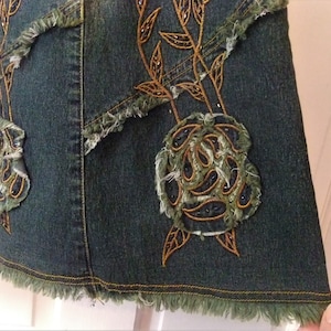 Dark Denim Chic Boho Ragged Jean Skirt • Beaded bohemian flirty denim skirt • Size M/L • Gifts for Her