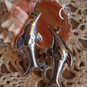 Vintage 925  Sterling Silver Dolphin Earrings / Beach Jewelry / Silver Dangle Earrings / Gifts for Her/ Gifts for Mom / Christmas Gifts