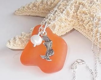 Sjöjungfruhänge med havsglas: Sterlingsilver, sötvattenspärla - Strandsmycken