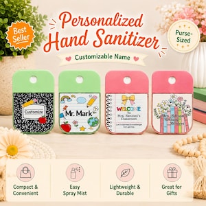 May include: Four rectangular hand sanitizer spray bottles with light green and pink caps. The labels feature school-themed designs including a black composition notebook pattern, lined paper with a globe and pencil, and colorful book illustrations.