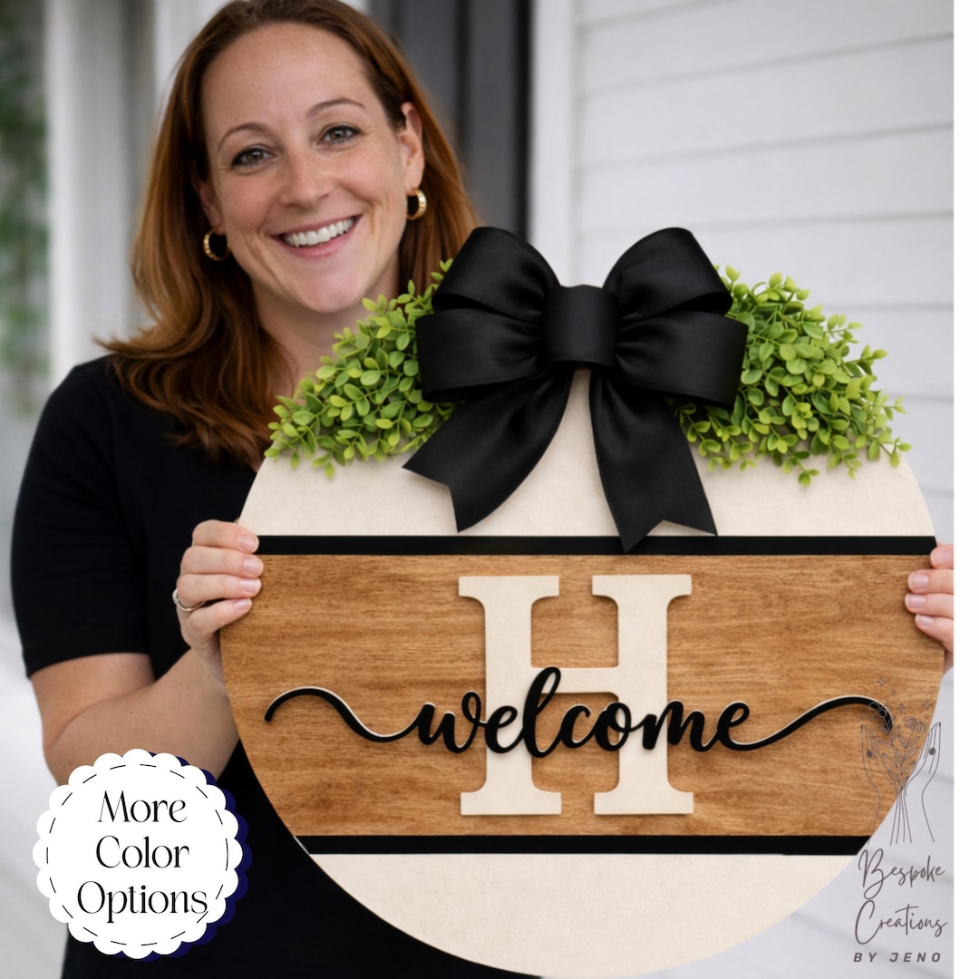 Personalized Front Door Hanger, Last Name Initial, Welcome Sign, Year-round decor, Custom - 12" Navy, C