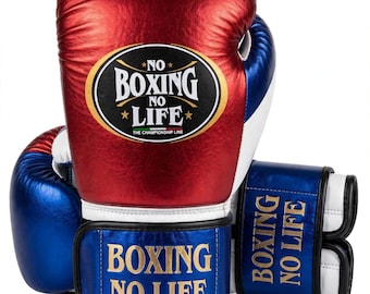 May include: A pair of metallic red, white, and blue boxing gloves featuring a black oval patch on the front with the text NO BOXING NO LIFE and THE CHAMPIONSHIP LINE. The wrist straps are blue with the gold text BOXING NO LIFE printed on them.