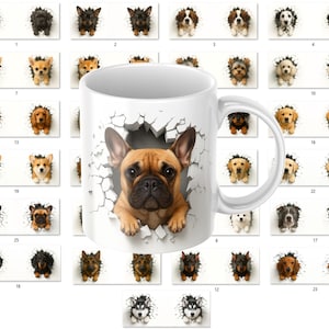 Pode incluir: Caneca de cerâmica branca com um buldogue francês castanho e preto emergindo de um design de parede rachada. Ao redor da caneca estão imagens de várias raças de cães, cada uma parecendo romper uma parede.