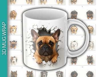 Dog mug design, 3D animals sublimation, Mug wrap bundle, 3d mug wrap, Design bundle, 11oz, 15oz, 3D sublimation, Mug, Sublimation Designs