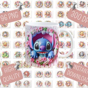 Puede incluir: Una taza de cerámica blanca con un personaje de dibujos animados azul, rodeado de flores rosas y blancas. La taza tiene un diseño agrietado. La imagen también muestra varios diseños de personajes con marcos florales, y el texto "96 PNG", "300 DPI", "HIGH QUALITY" y "INSTANT DOWNLOAD".