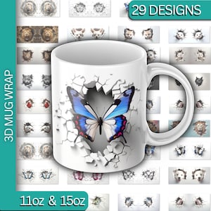 Peut inclure: Un mug en céramique blanche avec un graphisme en 3D représentant un papillon bleu et noir sortant d'un mur fissuré. L'arrière-plan montre une grille de 29 motifs d'animaux et d'insectes, avec le texte 29 DESIGNS, 3D MUG WRAP, 11oz & 15oz.