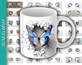 Puede incluir: Una taza de cerámica blanca con un gráfico en 3D de una mariposa azul emergiendo de una pared agrietada. El fondo muestra una cuadrícula de 29 diseños de animales e insectos, con el texto 29 DESIGNS, 3D MUG WRAP, 11oz & 15oz.