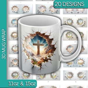 Pode incluir: Uma caneca de cerâmica branca com um gráfico 3D de uma cruz de madeira dentro de um efeito de parede rachada, rodeada por nuvens e flores. O design inclui o texto 20 DESIGNS, 3D MUG WRAP, 11oz & 15oz, visível na apresentação.