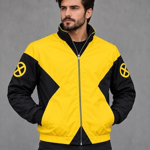 May include: A zip-up jacket featuring a bold yellow and black color-blocked design. The jacket has a high collar, long sleeves with black cuffs, and a yellow X-Men logo emblem on each shoulder. The front closure is a silver-toned metal zipper.