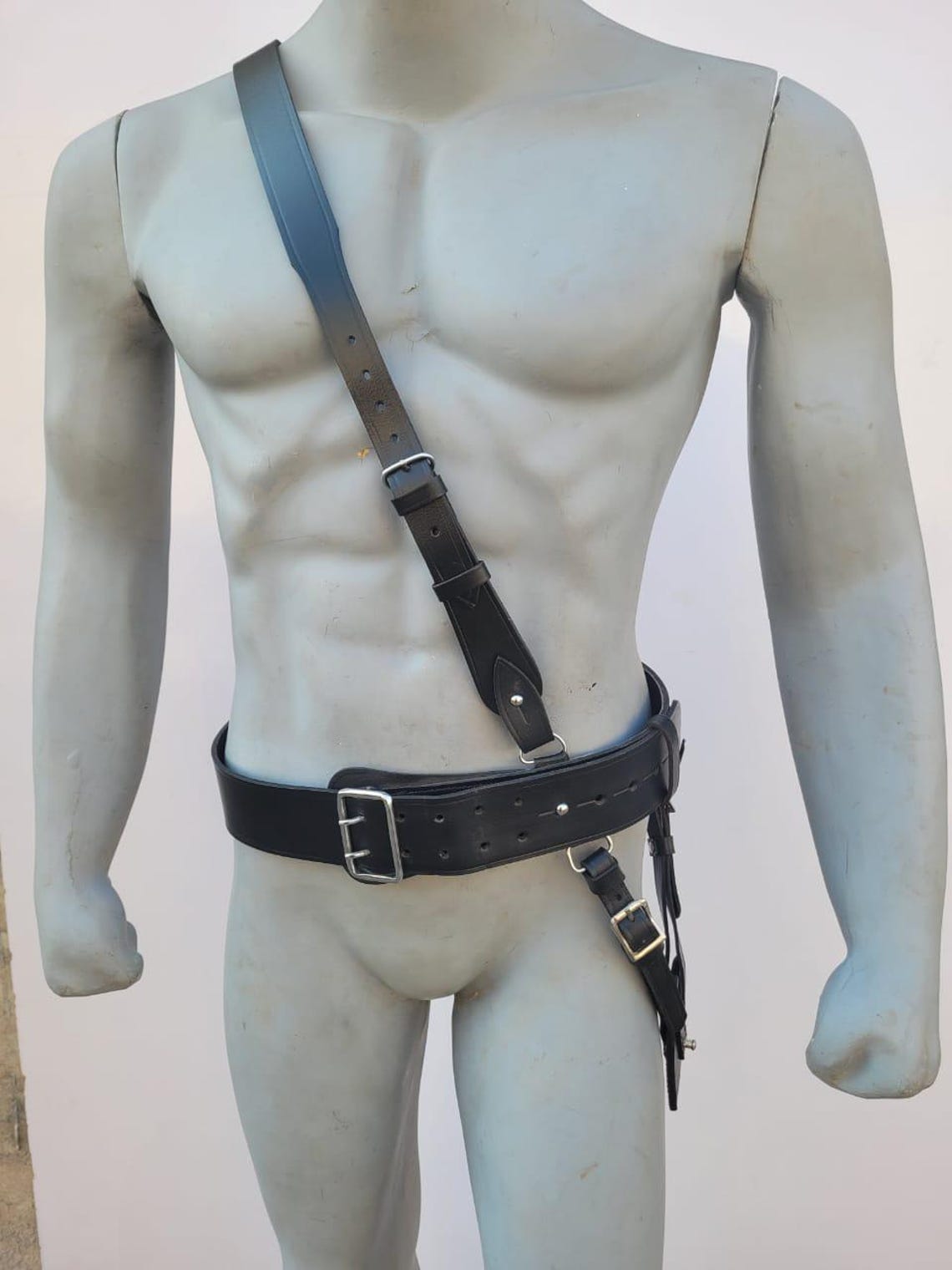 Handmade Genuine Leather Sam Browne Belt With Crossover Shoulder Strap - British Military Style - Brown, S-3XL