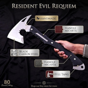 May include: A handmade carbon steel axe with a black Micarta handle. The axe features a full tang design and is labeled "Resident Evil Requiem". The image also includes the text "80 Brand Cutlery".