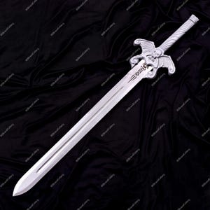 May include: A silver-colored sword with a detailed hilt featuring a skull and wing design. The blade is long and straight, with a central groove. The sword is displayed on a dark, textured background.