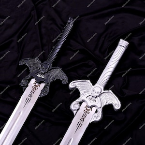 May include: Two decorative swords with silver blades. One sword is black, the other is silver. Both have skull and wing designs on the hilt. The word "LAUST" is visible on the blade guard. The background is a dark, textured fabric.