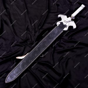 May include: A silver and black sword with a decorative hilt featuring a winged design. The sword is sheathed in a black leather scabbard with an embossed pattern and silver trim. The blade is visible at the tip.