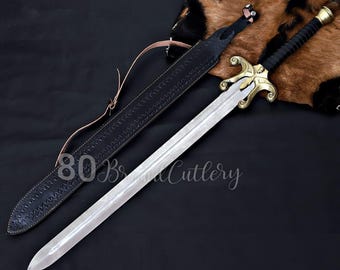 Hand-Forged Carbon Steel Power Sword Replica – Brass Guard, Cosplay Prop, Wall Display