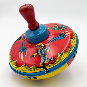 Vintage 1960s Ohio Art Tin Litho Spaceship Top – Working – Wooden Handle – Mid-Century Space Toy