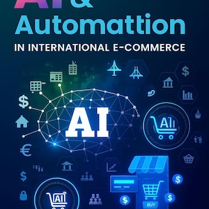Könnte beinhalten: Eine digitale Grafik, die KI und Automatisierung im internationalen E-Commerce bewirbt. Das Bild zeigt den Text "AI & Automation" in Pink und Blau mit dem Satz "IN INTERNATIONAL E-COMMERCE" darunter. Symbole von Einkaufswagen, Währungssymbolen und anderen E-Commerce-Symbolen sind enthalten.