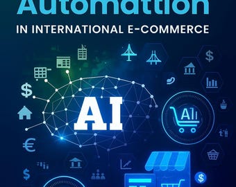 May include: A digital graphic promoting AI and Automation in international e-commerce. The image features the text "AI & Automation" in pink and blue, with the phrase "IN INTERNATIONAL E-COMMERCE" below. Icons of shopping carts, dollar signs, and other e-commerce symbols are included.