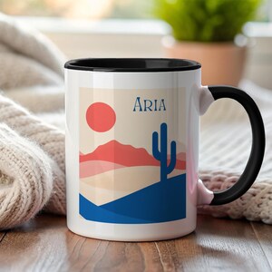Wüstenkaffeetasse, Kaktus-Namenstasse, Wüsten-Sonnenuntergang mit Kaktus-Landschaft trockene Landschaft Gemalter Wüsten-Sonnenaufgang in der Wüste