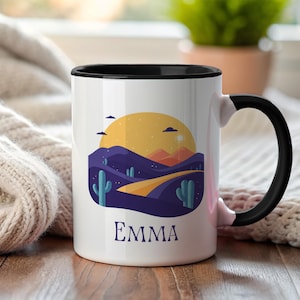 Personalisierte Wüstenkaffeetasse, Kaktus-Namenstasse, Boho-Kaktus Geschenk Wüste Vibes Sonne geküsst Paletten Wüstenlandschaft Kunst-Tasse Sanddünen