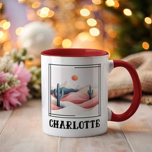 Personalisierte Wüstenkaffeetasse, Kaktusnamenbecher, Kaktusland Frühlingsferien Kurzurlaub Boho Kaktus Geschenk Wüste Vibes Sonnenaufgang in der Wüste