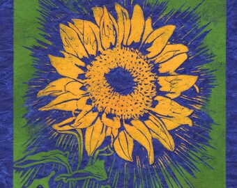 May include: A yellow sunflower with a green stem and leaves against a blue and green background. The sunflower is stylized and has a radiating pattern around it.