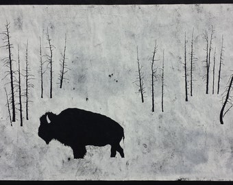 Winter Bison - HUGE Original Linocut (Black, Gray, Blue, or Brown)