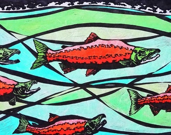 School of Salmon - Original Linocut