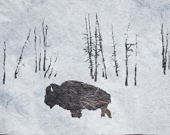 Bison in Snow - Original Linocut (Multiple Color Options)