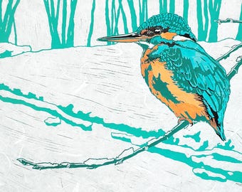Kingfisher in Winter - Original Linocut