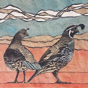 Quail Pair - HUGE Original Linocut (Gray, Taupe, or Light Yellow)