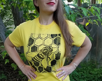 Hand-Printed Linocut Honey Bee T-Shirt in Light Yellow Unisex Adult Sizes