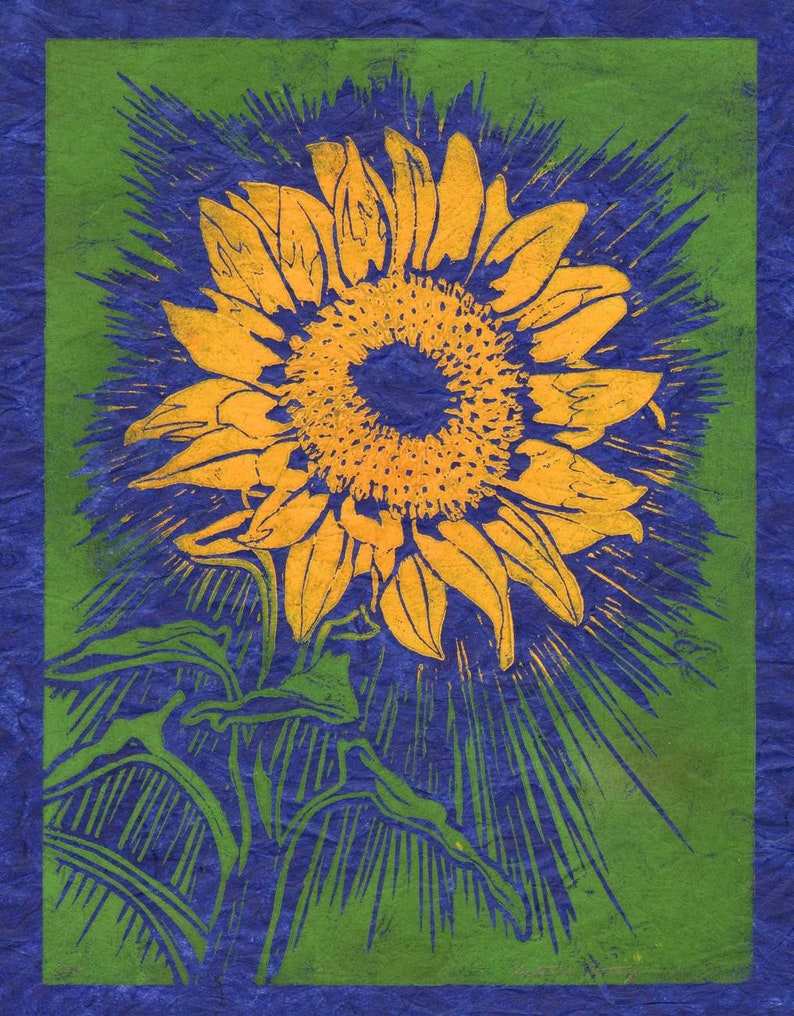 Sunflower Original Linocut Blue or Black image 1