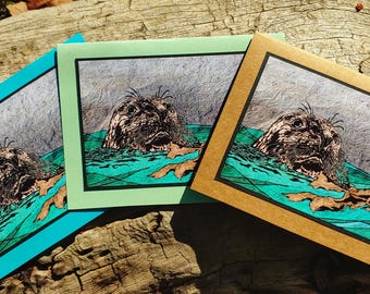 5 Handmade "The Stillness before Daybreak: a Seal amongst the Kelp" Cards (Brown, Turquoise, or Sage Green)